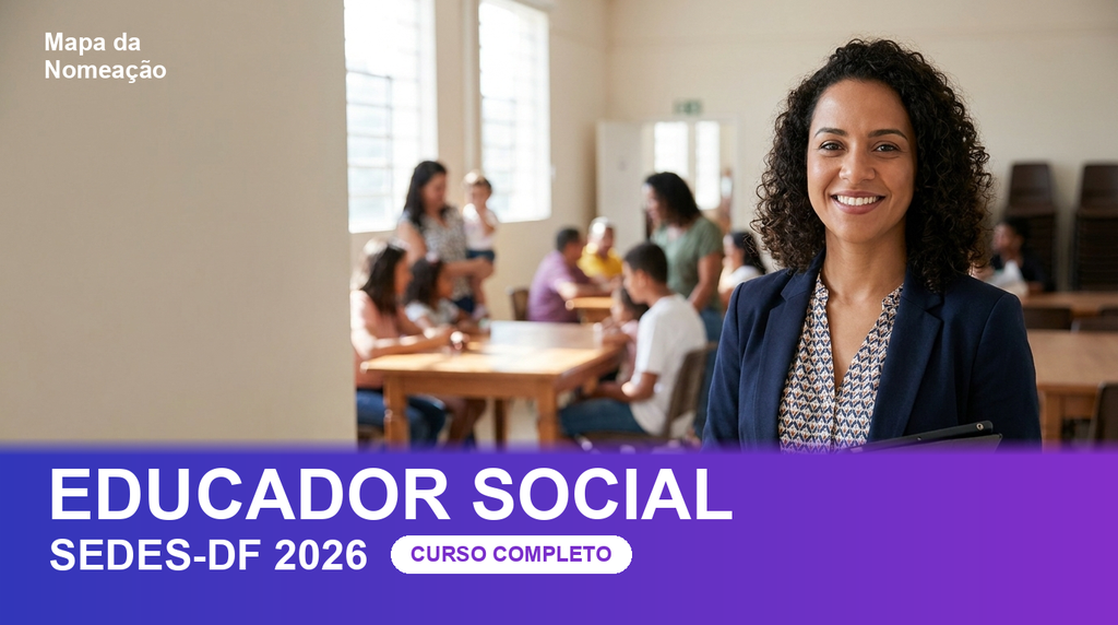 Educador Social SEDES-DF 2026 — Curso completo Quadrix: apostilas focadas no edital, simulados comentados, Audiobook, Mentoria 24h e correção de redação