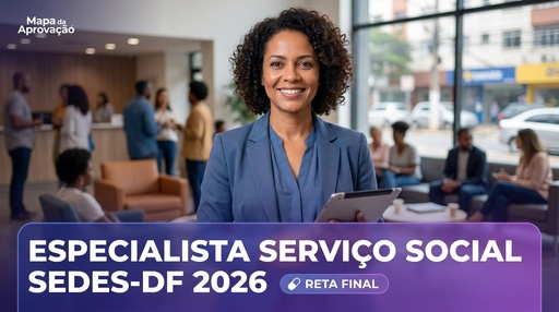 Especialista em Serviço Social SEDES-DF 2026 — Curso completo Quadrix: apostilas focadas no edital, simulados comentados, Audiobook, Mentoria 24h e correção de redação